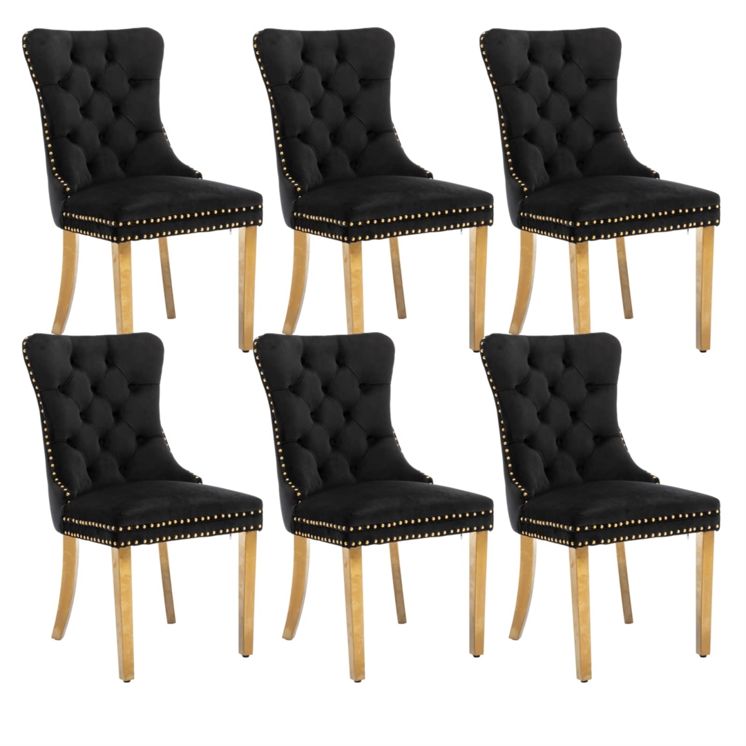 V226-SW1501BK-3-90927-00 6x Velvet Dining Chairs with Golden Metal Legs-Black - Image 1