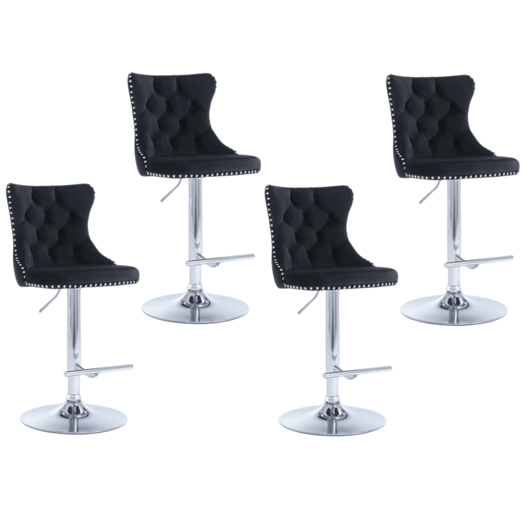 V226-SW1712BK-2-90925-00 4x Height Adjustable Swivel Bar Stool Velvet Studs Barstool with Footrest and Chromed Base- Black - Image 1