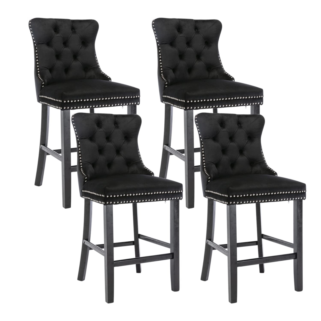 V226-SW1802BK-2-90921-00 4X Velvet Bar Stools with Studs Trim Wooden Legs Tufted Dining Chairs Kitchen - Image 1