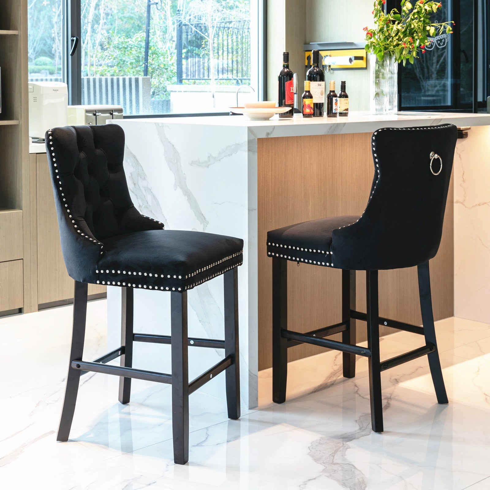 V226-SW1802BK-37318-00 2X Velvet Bar Stools with Studs Trim Wooden Legs Tufted Dining Chairs Kitchen - Image 1
