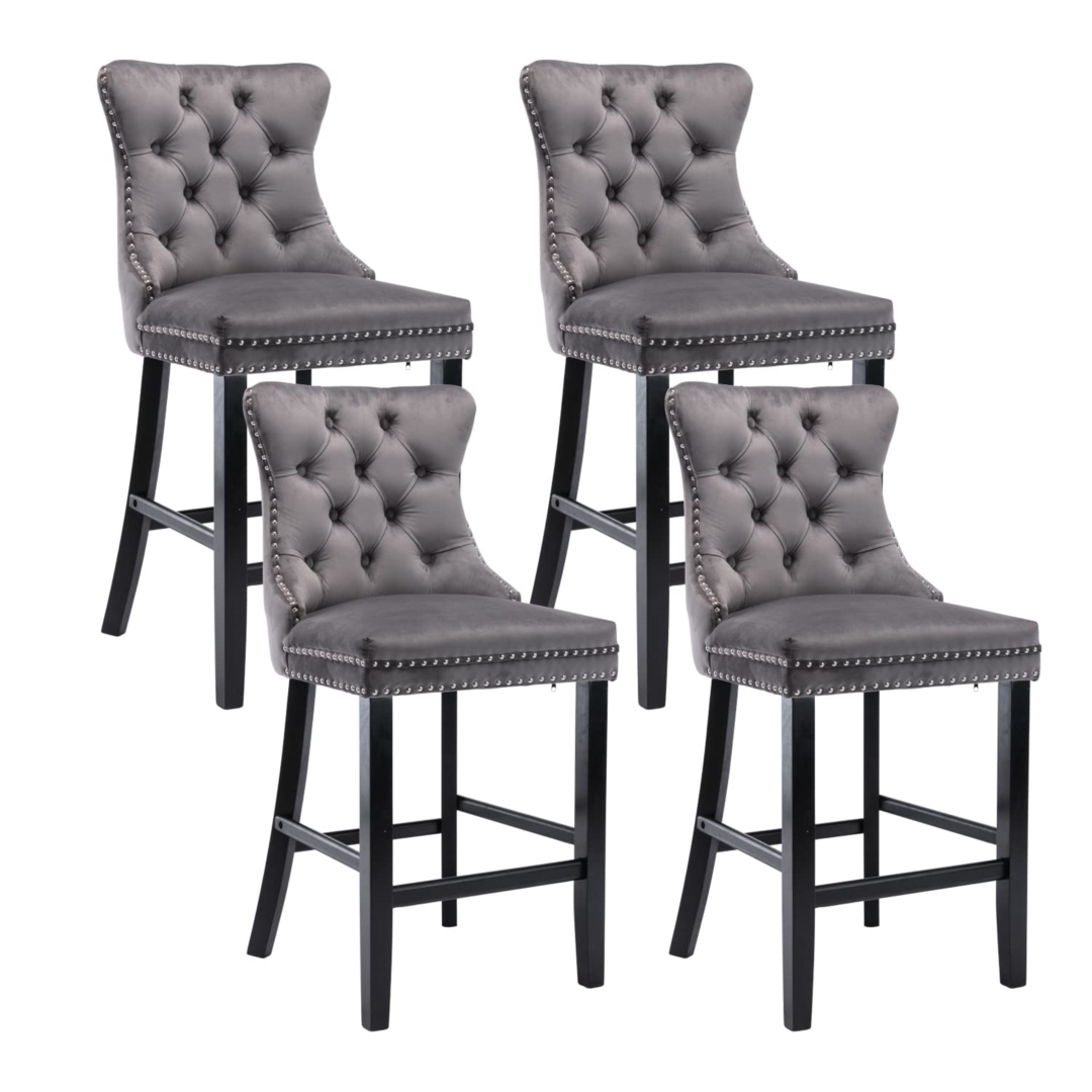 V226-SW1802GY-2-90917-00 4X Velvet Bar Stools with Studs Trim Wooden Legs Tufted Dining Chairs Kitchen - Image 1