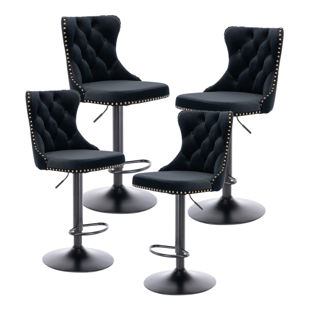V226-SW1812BK-2-90915-00 4x Height Adjustable Swivel Bar Stool Velvet Nailhead Barstool with Footrest - Image 1