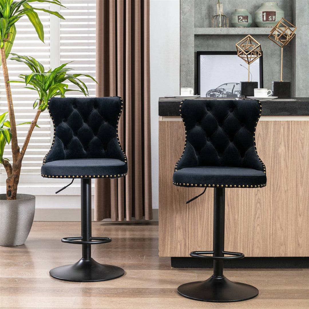 V226-SW1812BK_1_f3bfda0c-e567-4658-a4a5-1ea77cc05758_1 2x Height Adjustable Swivel Bar Stool Velvet Nailhead Barstool with Footrest - Image 1