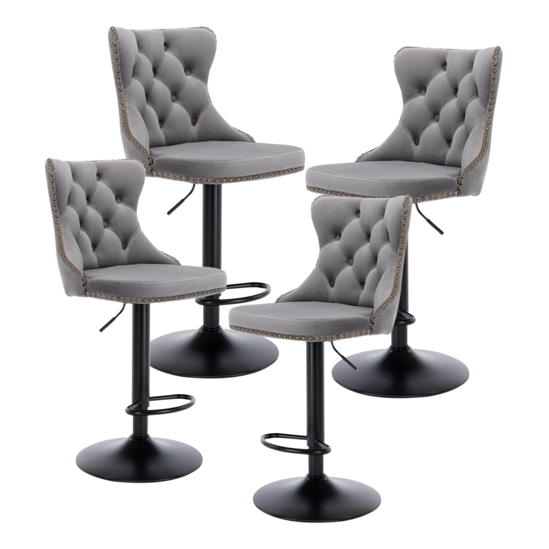 V226-SW1812GY-2-90914-00 4x Height Adjustable Swivel Bar Stool Velvet Nailhead Barstool with Footrest - Image 1