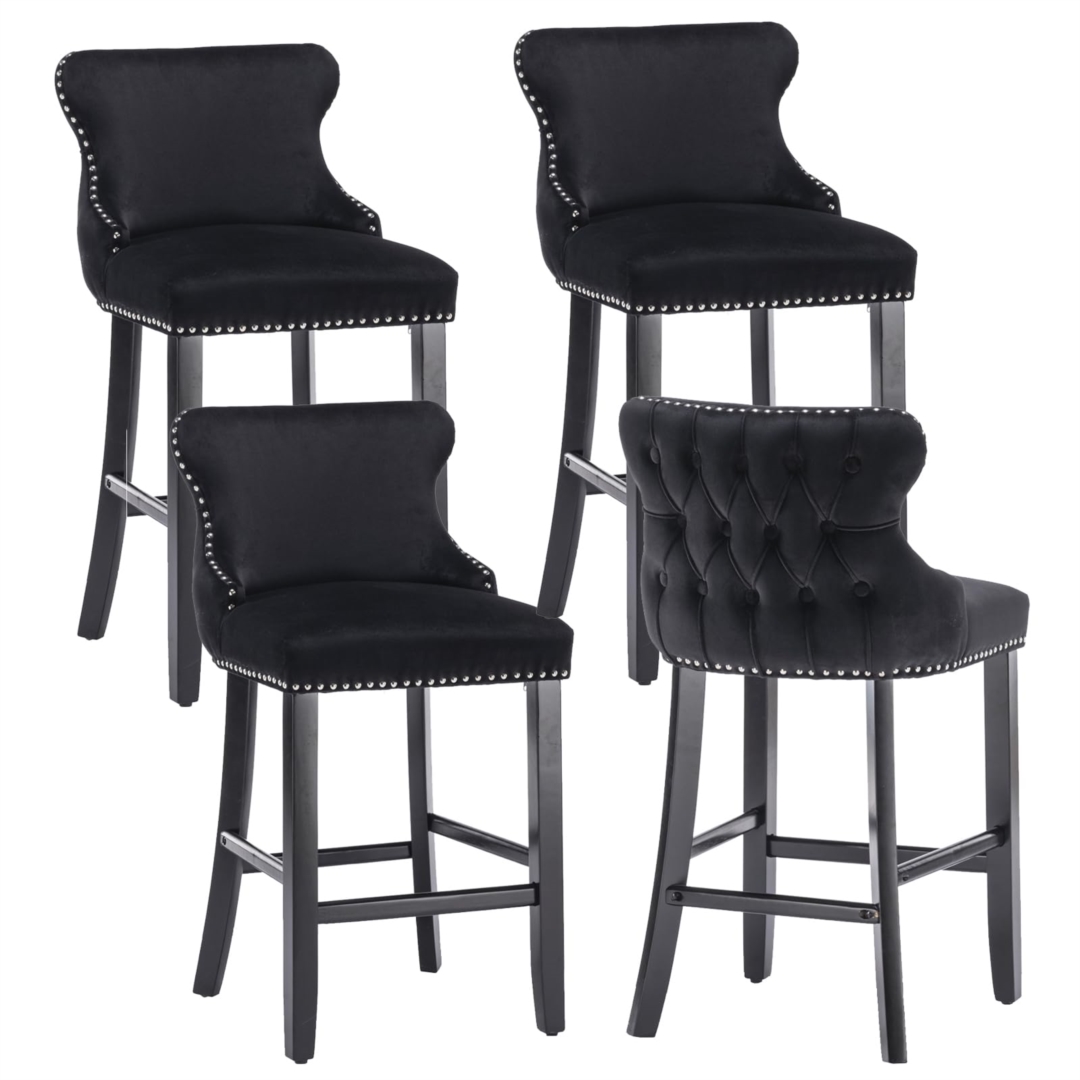 V226-SW1824BK-2-90912-00 4x Velvet Upholstered Button Tufted Bar Stools with Wood Legs and Studs-Black - Image 1