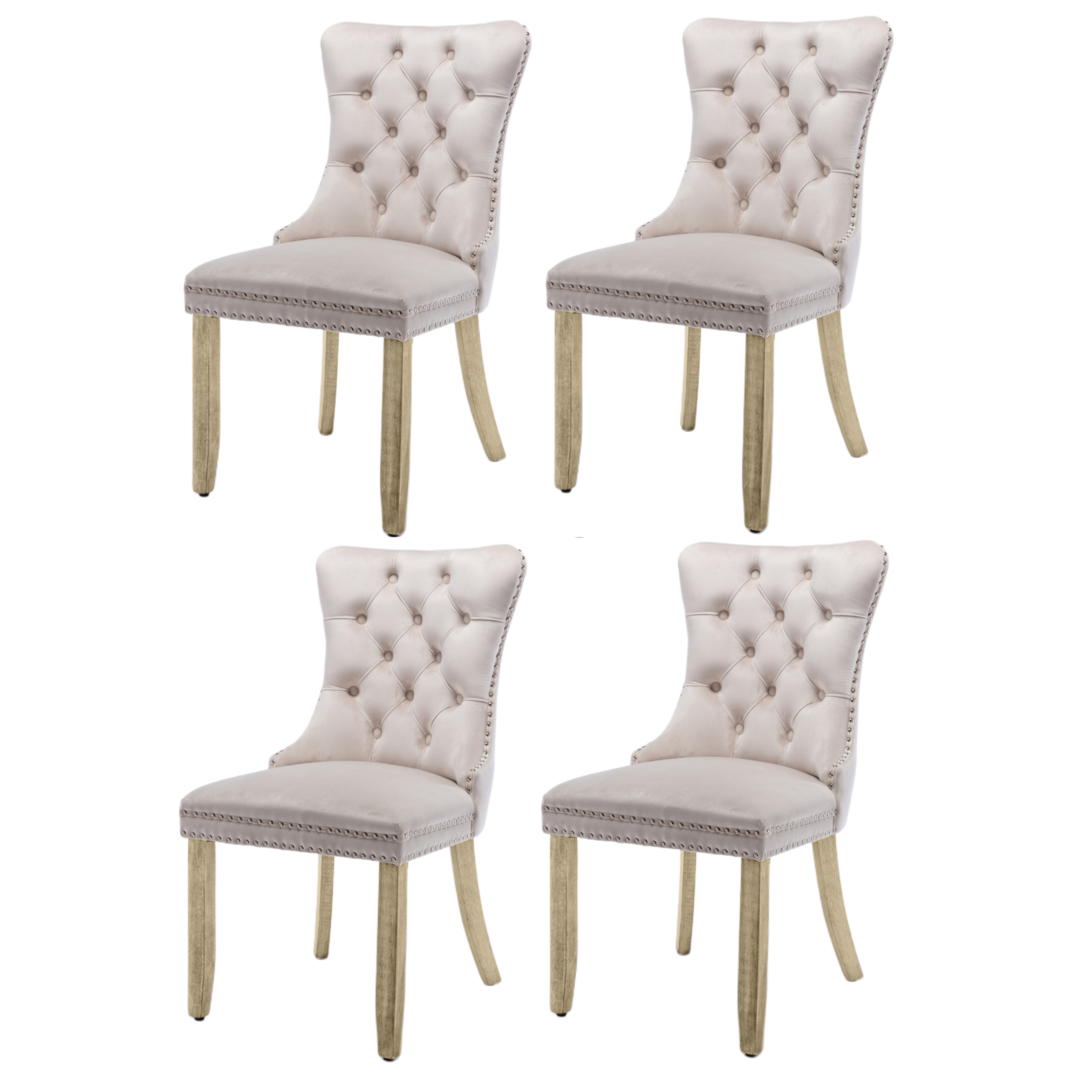 V226-SW1901BG-2-90910-00 4x Velvet Dining Chairs Upholstered Tufted Kithcen Chair with Solid Wood Legs Stud Trim and Ring-Beige - Image 1