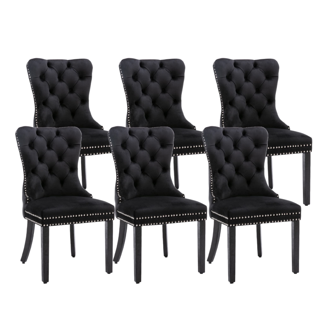 V226-SW1901BK-3-90906-00 6x Velvet Dining Chairs Upholstered Tufted Kithcen Chair with Solid Wood Legs Stud Trim and Ring-Black - Image 1