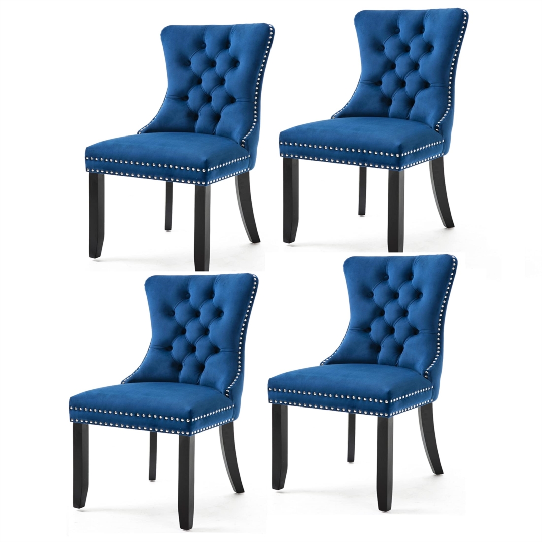V226-SW1901BL-2-90904-00 4x Velvet Dining Chairs Upholstered Tufted Kithcen Chair with Solid Wood Legs Stud Trim and Ring-Blue - Image 1