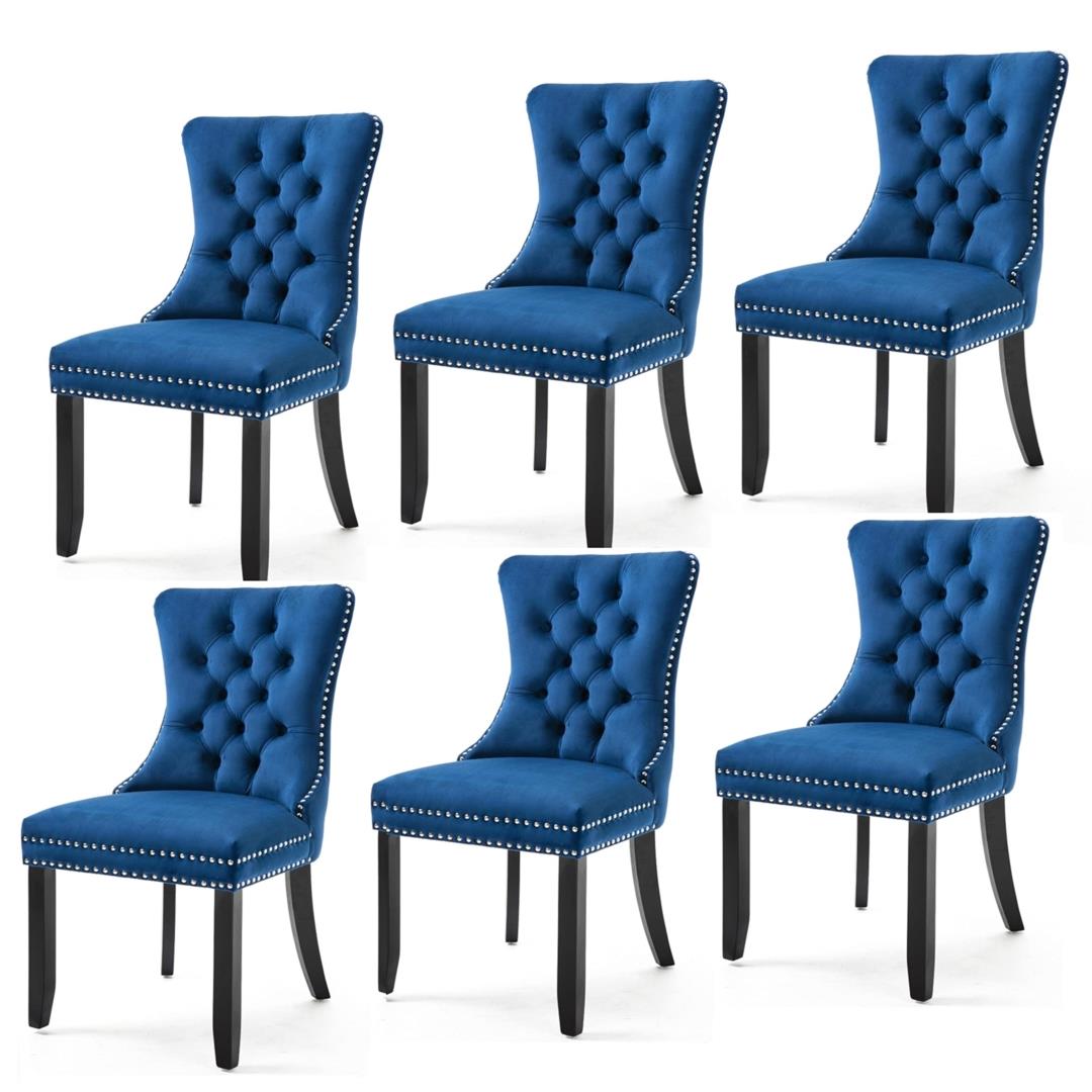 V226-SW1901BL-3-90903-00 6x Velvet Dining Chairs Upholstered Tufted Kithcen Chair with Solid Wood Legs Stud Trim and Ring-Blue - Image 1