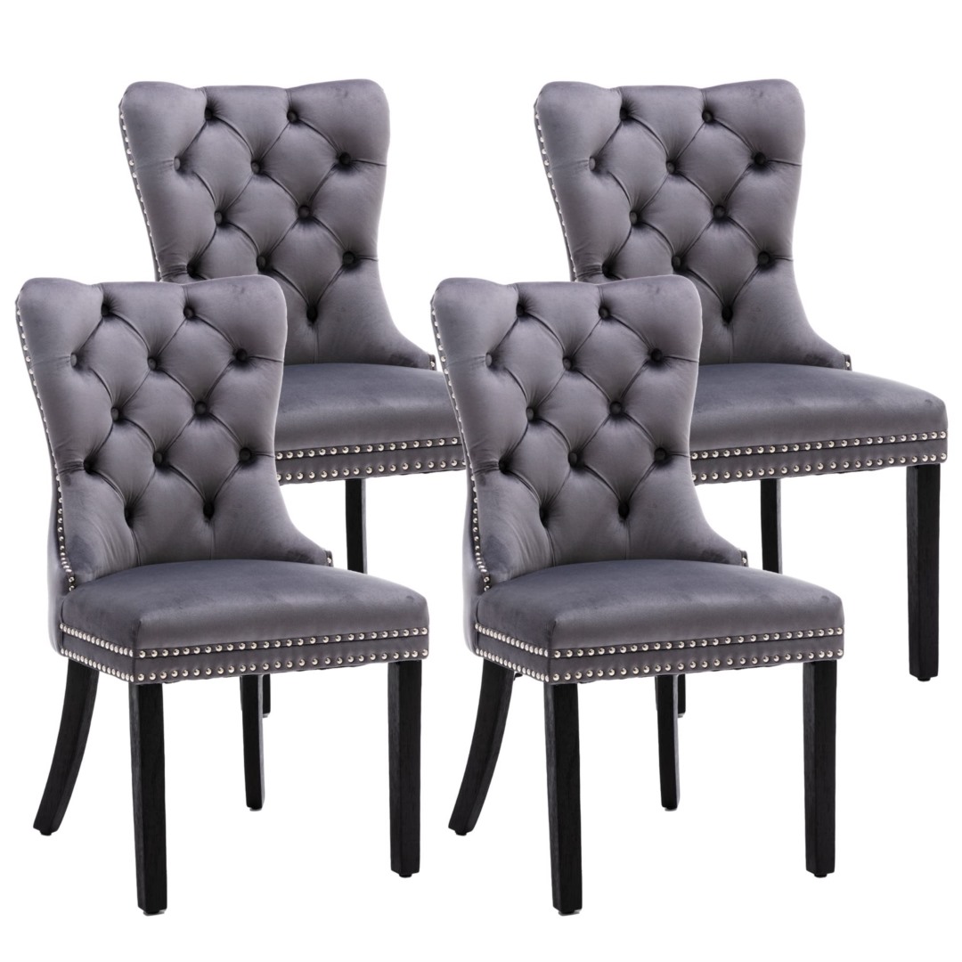 V226-SW1901GY-2-90888-00 4x Velvet Dining Chairs Upholstered Tufted Kithcen Chair with Solid Wood Legs Stud Trim and Ring-Gray - Image 1