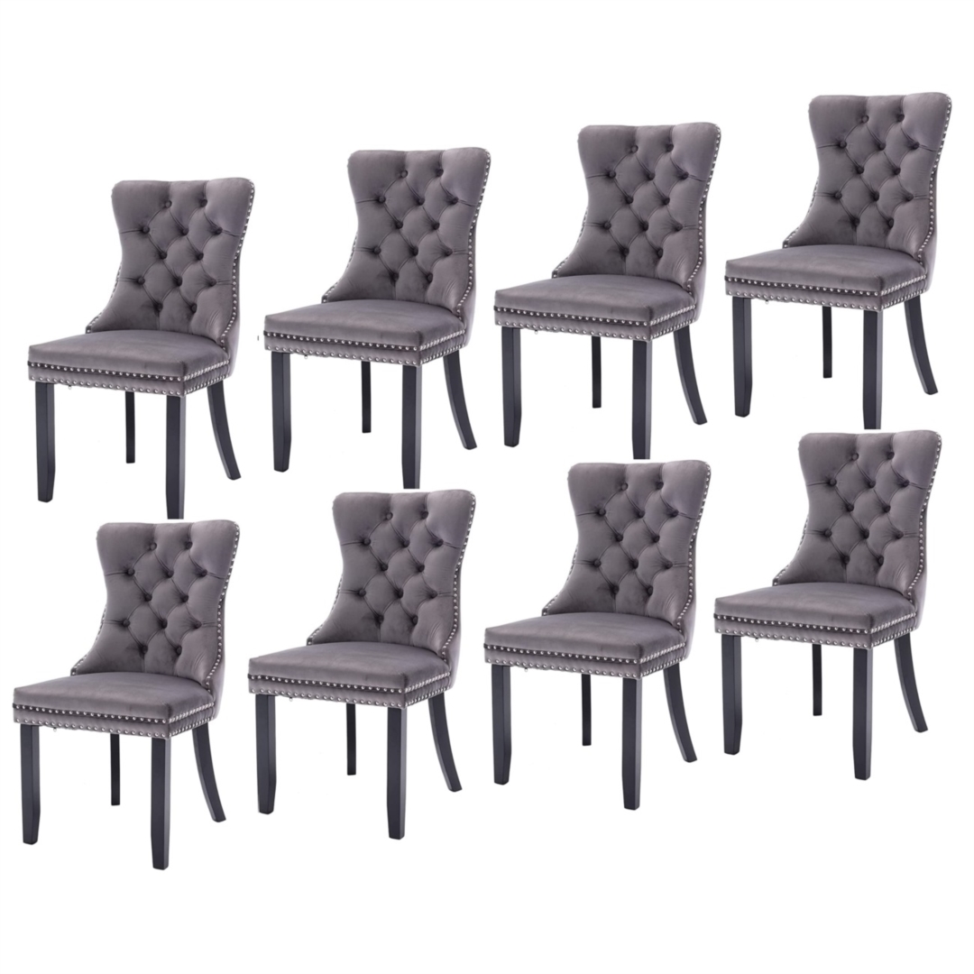 V226-SW1901GY-4-90886-00 8x Velvet Dining Chairs Upholstered Tufted Kithcen Chair with Solid Wood Legs Stud Trim and Ring-Gray - Image 1