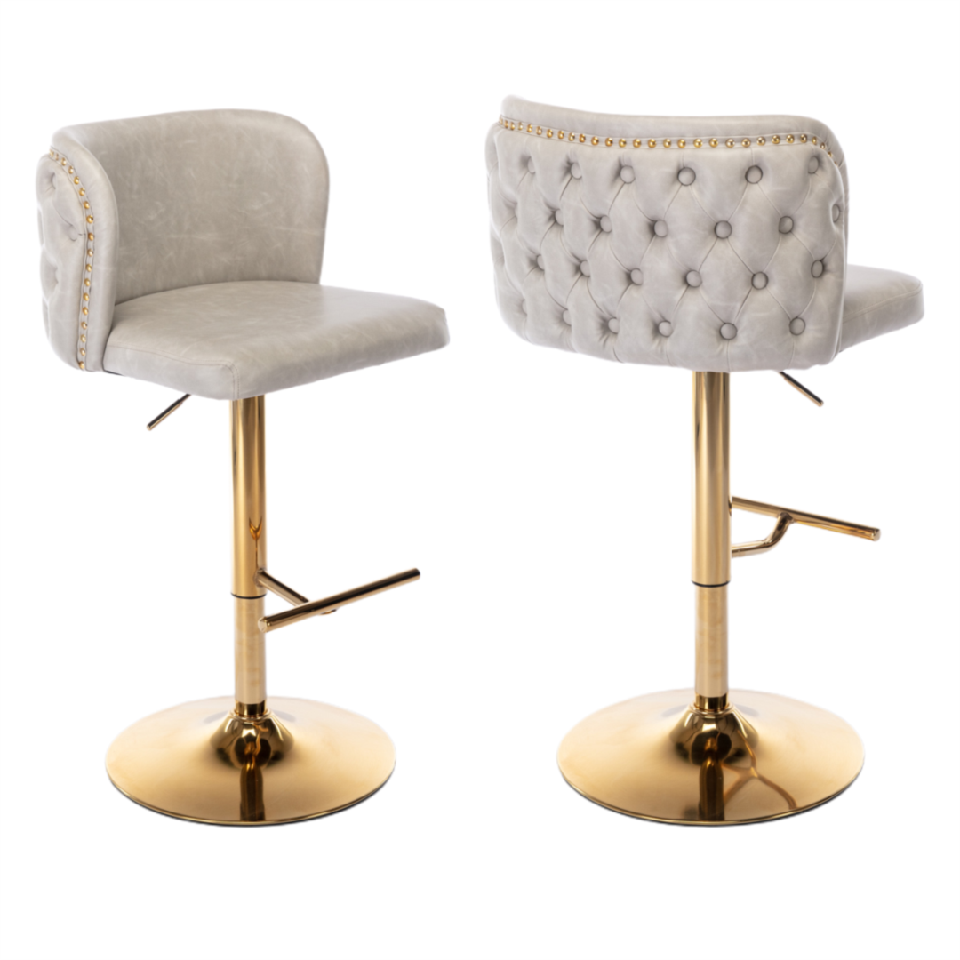 V226-SW1928BG-83776-00 2x Faux Leather Golden Base Swivel Bar Stools- Beige - Image 1