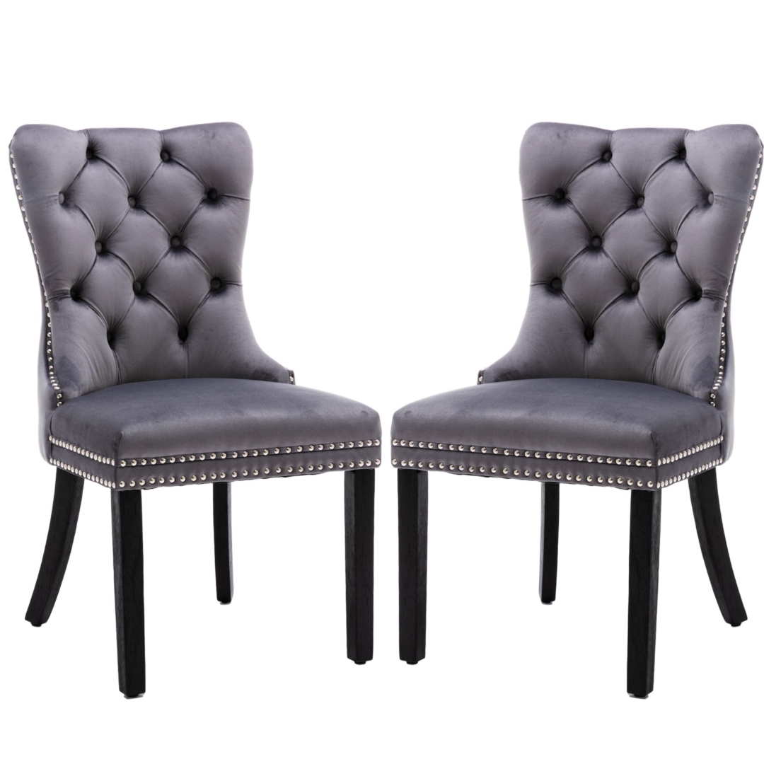V226-SW8801GY-c08c15_9ee19db6772f47449344ca271b20e666_mv2-00 2x Velvet Dining Chairs Upholstered Tufted Kithcen Chair with Solid Wood Legs Stud Trim and Ring-Gray - Image 1