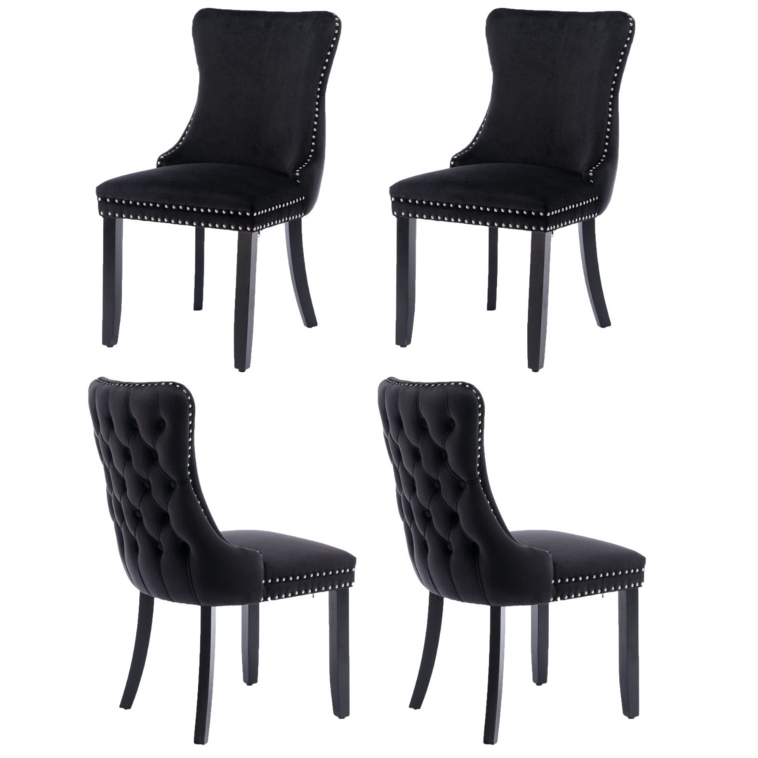 V226-SW8809BK-2-90876-00 4x Velvet Upholstered Dining Tufted Chairs with Studs Trim and Solid Wood Legs-Black - Image 1