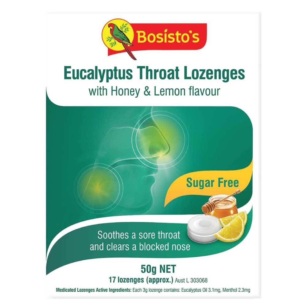 V238-SUPDZ-28861525426256-150640-00 50g Eucalyptus Drops Bosisto's Sugar Free Throat Honey Lemon Soothing Lozenges - Image 1