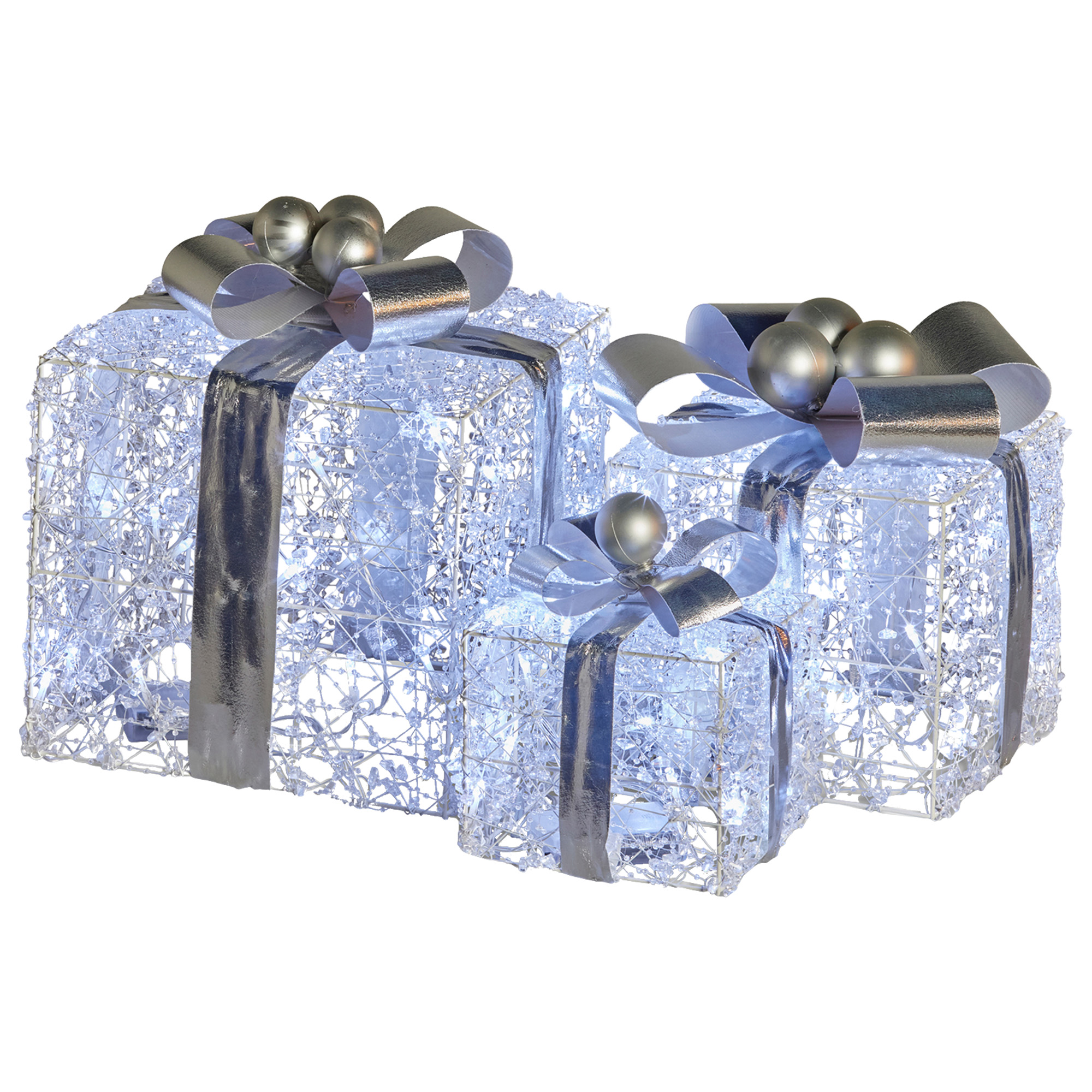 V240-112_MHA520-206799-00 Christabelle Swishmas Set Of 3 Christmas Gift Boxes With Lights With Jewelled Wire And Silver Bows - Image 1