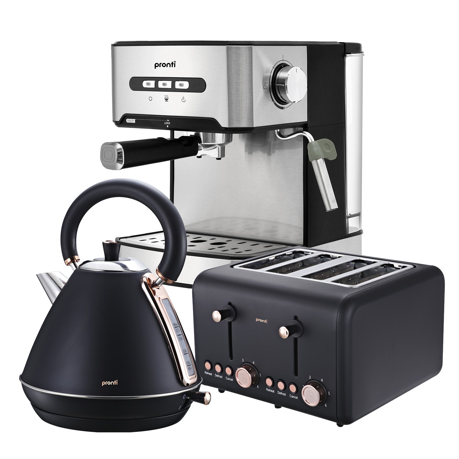 V240-CM-KL-TS-COM-BK-73406-00 Pronti Toaster, Kettle & Coffee Machine Breakfast Set - Black - Image 1