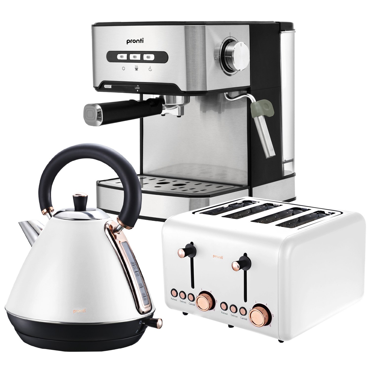 V240-CM-KL-TS-COM-WH-67955-00 Pronti Toaster, Kettle & Coffee Machine Breakfast Set - White - Image 1
