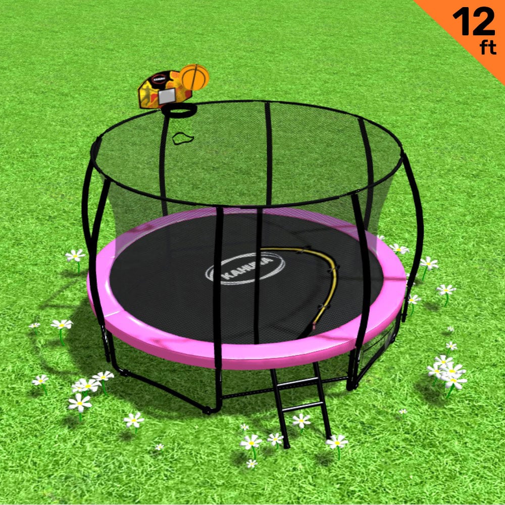 V240-TRA-KAH-12-PK-BB-76772-00 Kahuna 12ft Outdoor Trampoline Kids Children With Safety Enclosure Pad Mat Ladder Basketball Hoop Set - Pink - Image 1