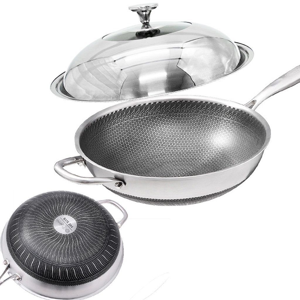V255-304-WOK-34_LID-52270-00 34cm 304 Stainless Steel Non-Stick Stir Fry Cooking Kitchen Honeycomb Wok Pan with Lid - Image 1