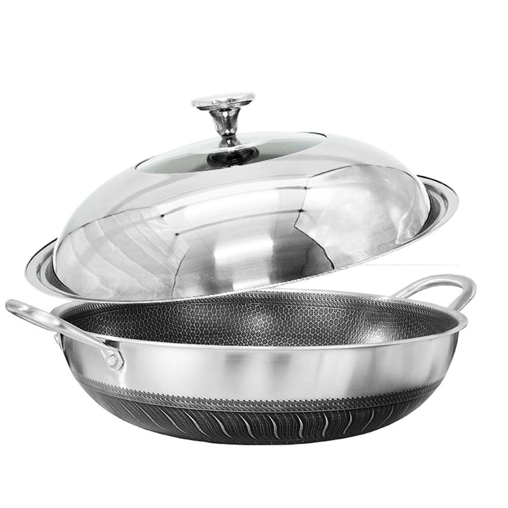 V255-34CM-EAR-LID-52345-00 304 Stainless Steel 34cm Non-Stick Stir Fry Cooking Double Ear Kitchen Wok Pan with Lid Honeycomb Double Sided - Image 1