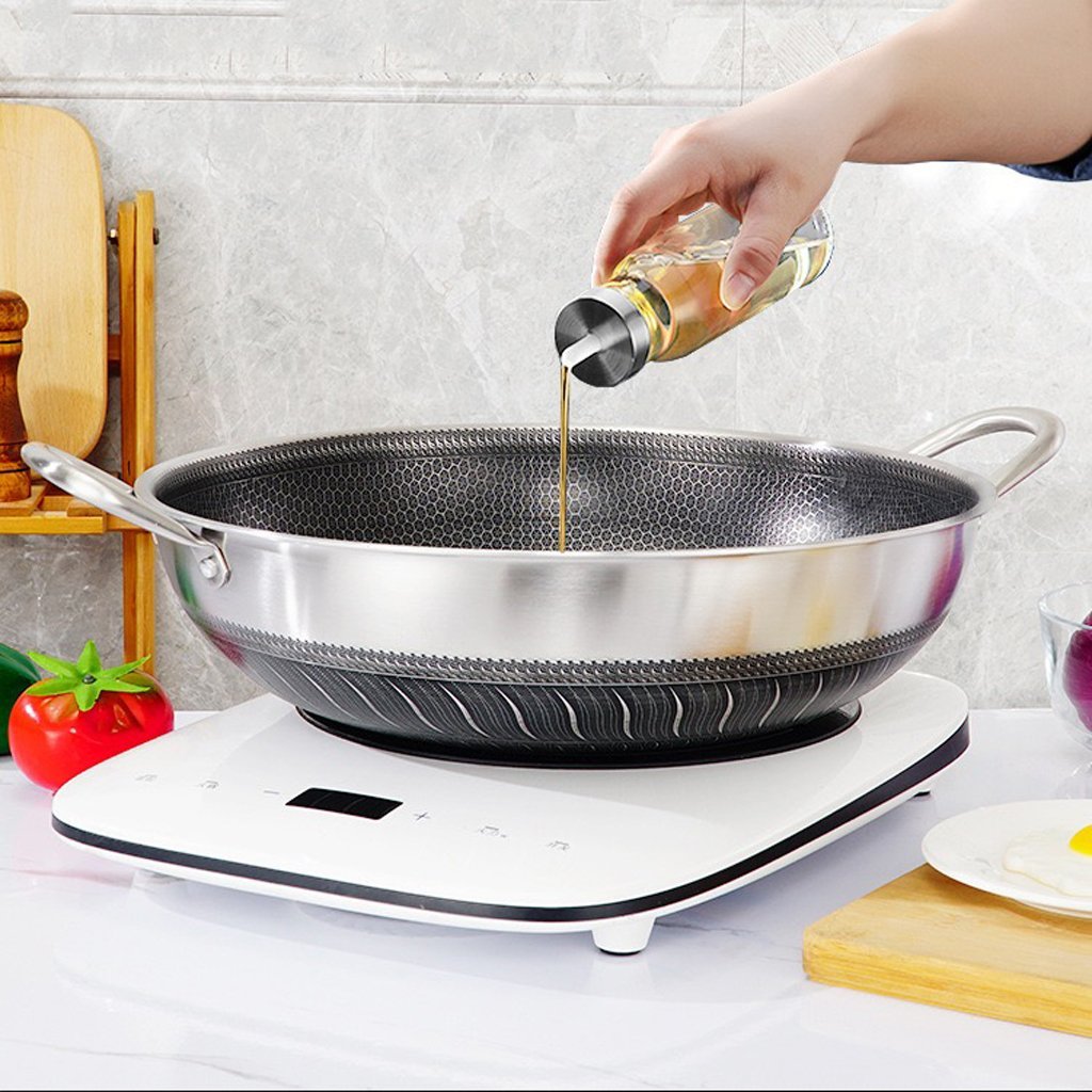 V255-40CM-EAR-NOLID-52334-03 304 Stainless Steel 40cm Double Ear Non-Stick Stir Fry Cooking Kitchen Wok Pan without Lid Honeycomb Double Sided - Image 1