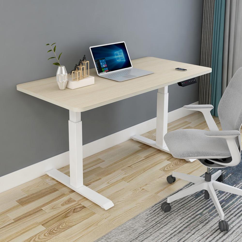 V255-DMW-140M-53133-00 140cm Standing Desk Height Adjustable Sit Stand Motorised White Dual Motors Frame Maple Top - Image 1