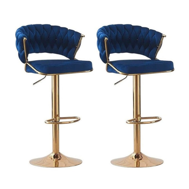 V255-GP1802R-BLUE-218481-05 2x Height Blue Velvet Padded Golden Round Base Barstools Chairs - Image 1