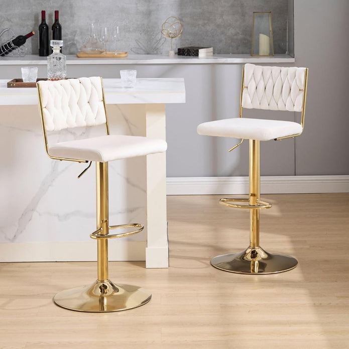 V255-GP2212-WHITE-202505281146-00 SERENITà 2x Velvet Bar Stools with Braided Back Elegant Kitchen High Chairs, Kitchen Island Stools Adjustable Height Swivel Bar Chairs with Gold Legs for Home-White - Image 1