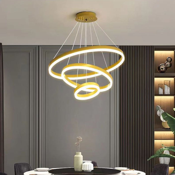 V255-L-18815-G-246-197146-00 Gold 3 Rings Minimalist LED Pendant Light Adjustable Circular Chandelier - Image 1