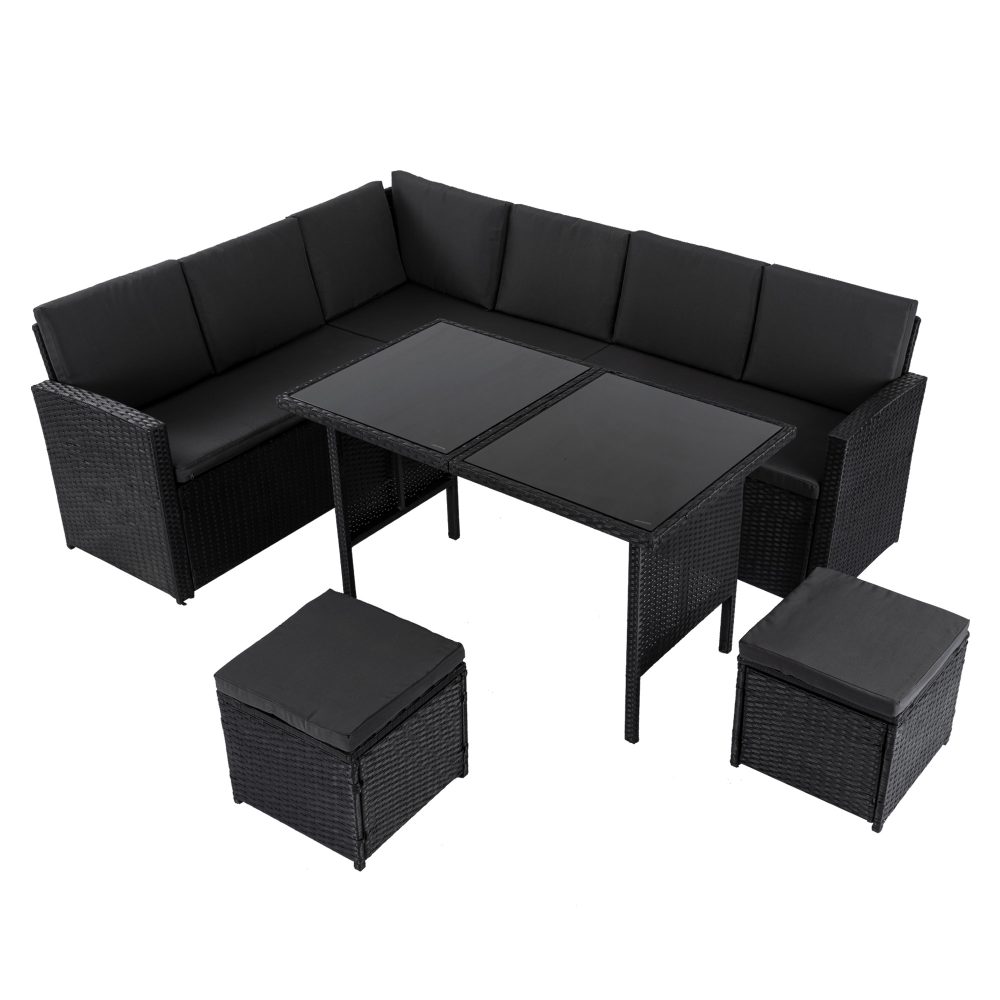 V264-OTF-526S-BLK-51996-00 Ella 8-Seater Modular Outdoor Garden Lounge and Dining Set with Table and Stools in Black - Image 1