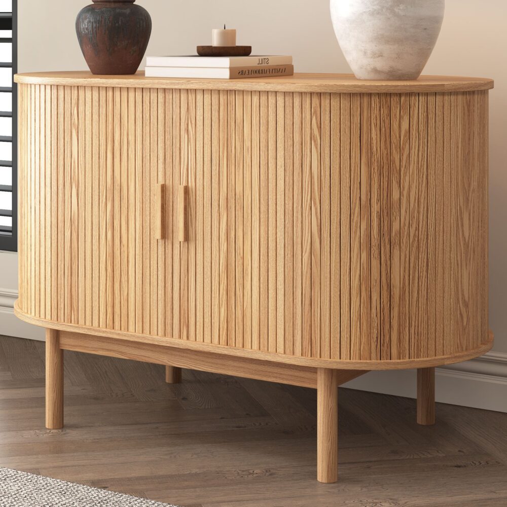 V264-TAB-725C-NTR-NA-1-167553-00 Natural Wood Ribbed Sideboard Cabinet - Image 1
