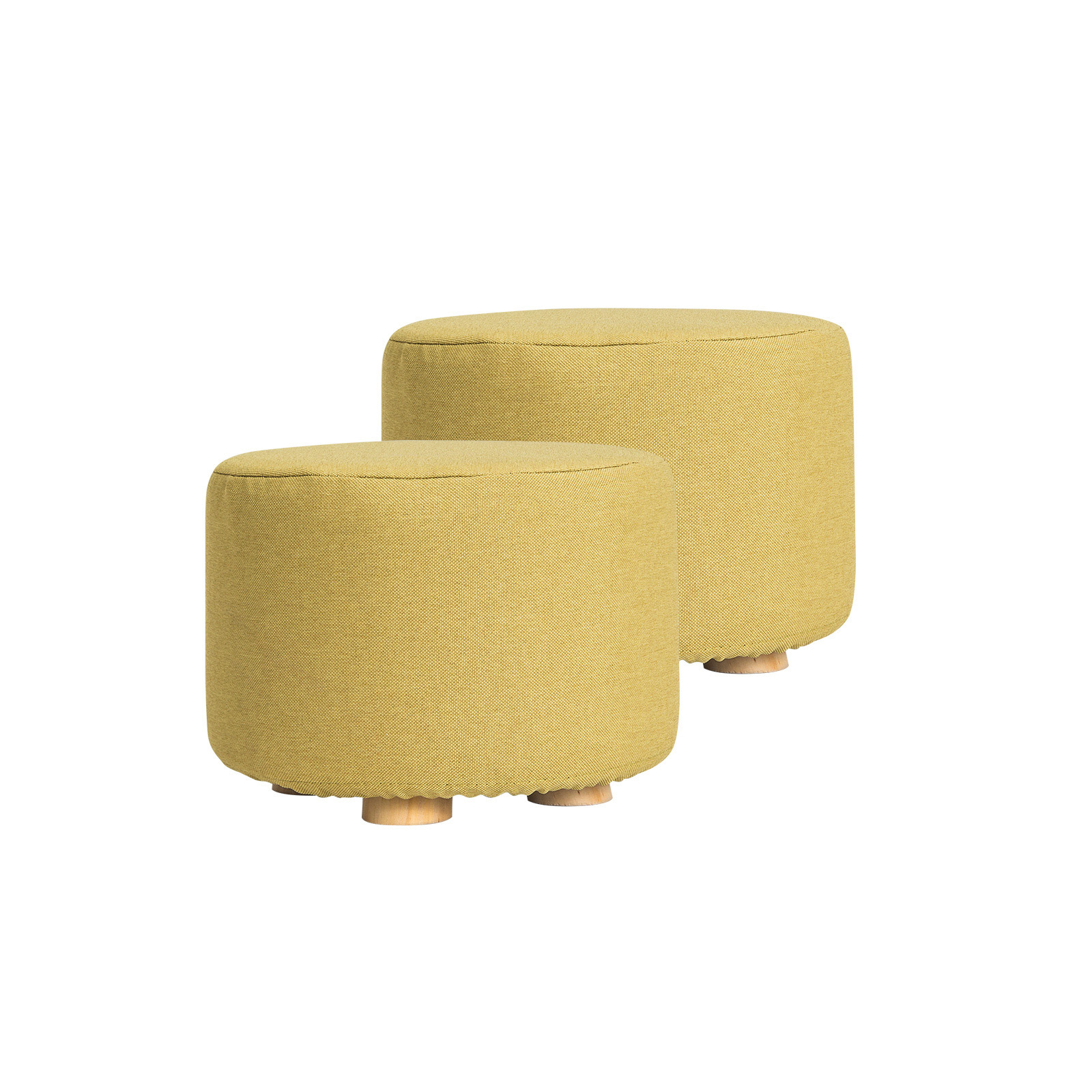 V274-FT-GQST01-GN2-44147-00 2X Fabric Ottoman Round Wooden Leg Foot Stool - Mustard Yellow - Image 1