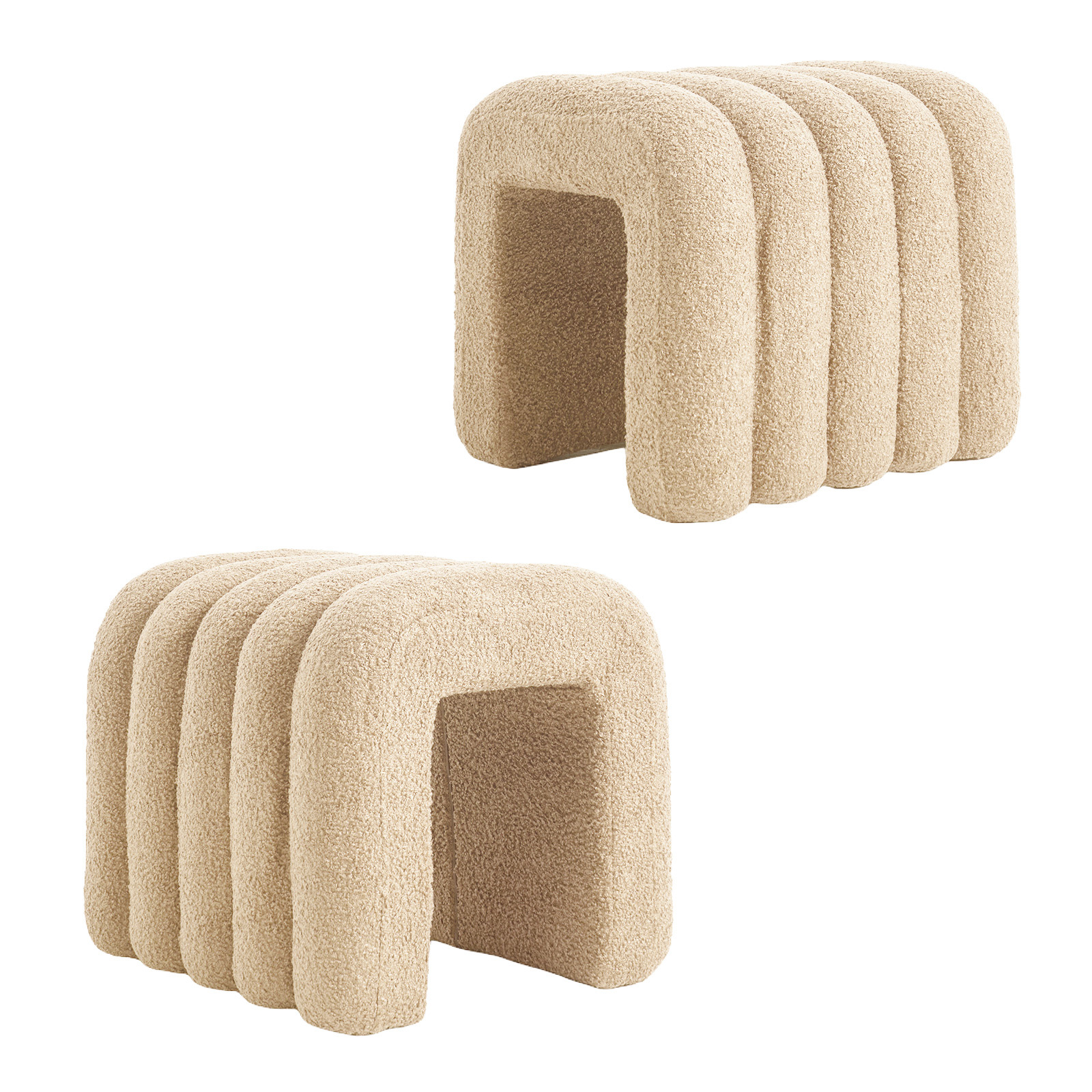V274-FT-STKJP4177-BE2-218503-00 2X Ridge Arch Ottoman Stool Teddy Fleece Fabric Foot Rest 45cm BEIGE - Image 1