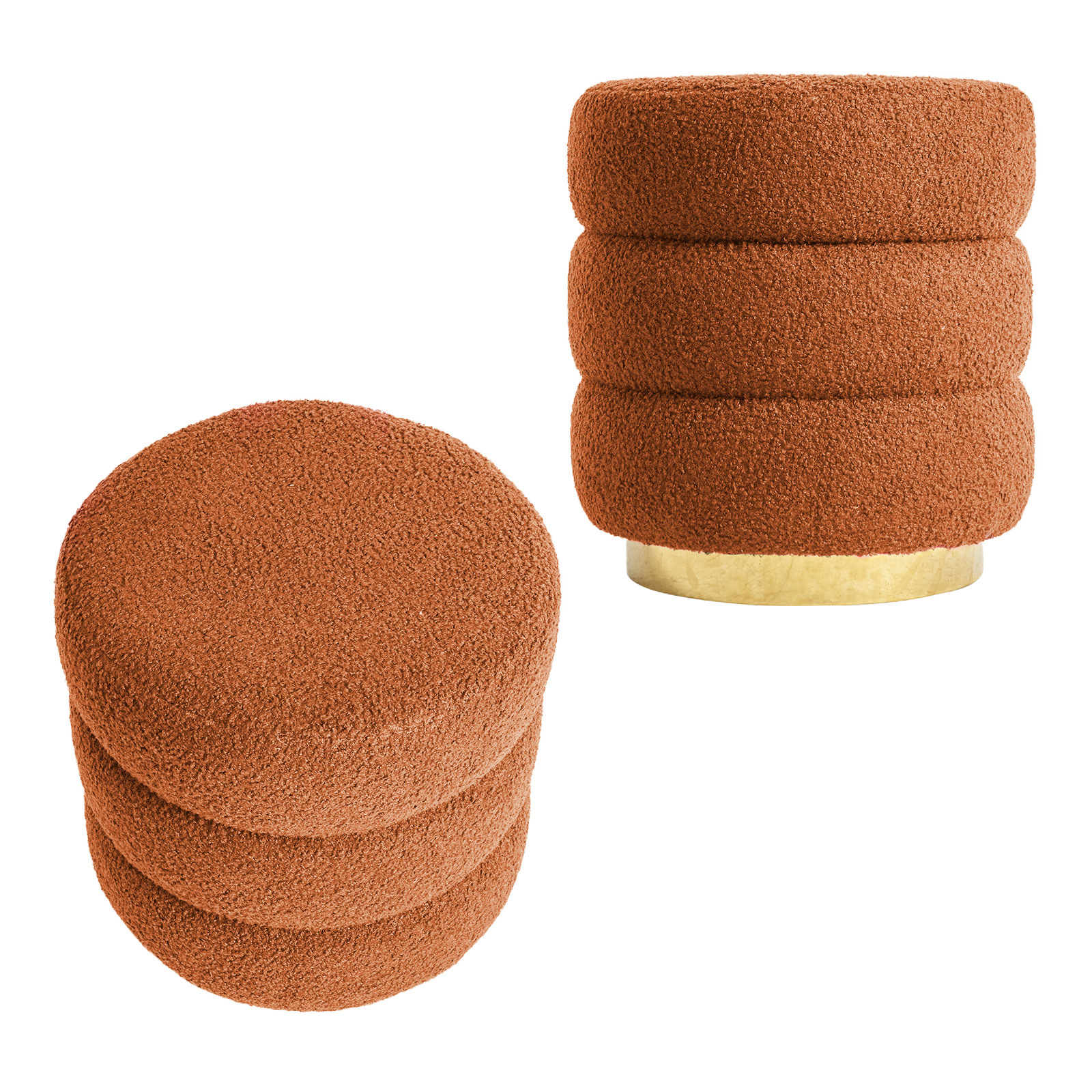 V274-FT-STP067-OG2-218511-00 2X Round Stacked Ottoman Stool Teddy Fleece Fabric Foot Rest 38cm ORANGE - Image 1