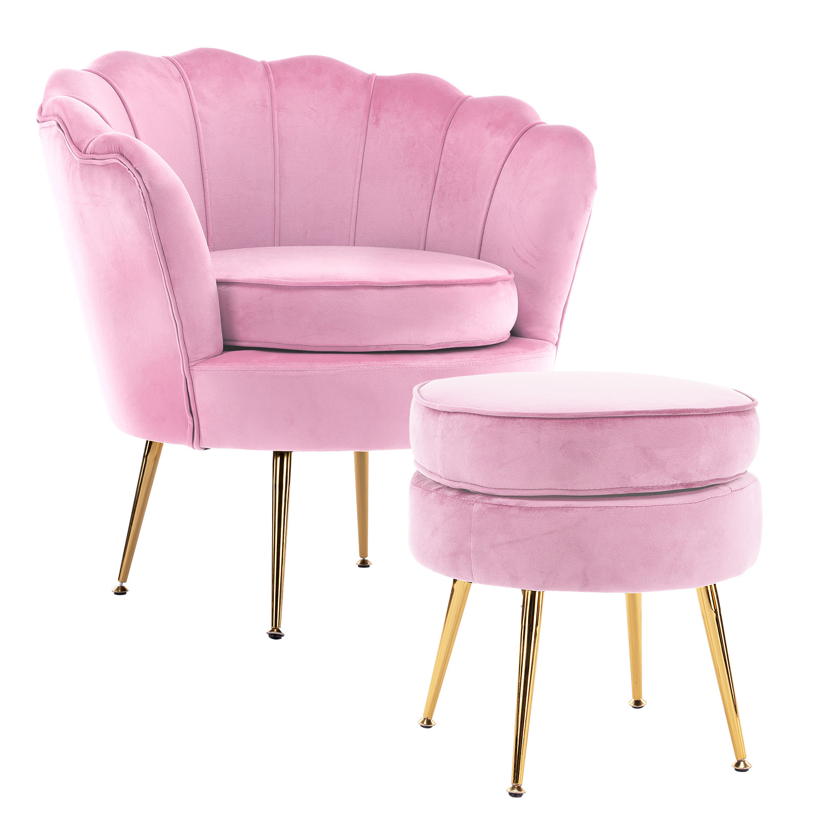 V274-FT-VAC-ST-1596-PK-FT-VAC-ST-1596-PK-00 Armchair Lounge Chair Accent Velvet Shell Scallop + Round Ottoman Footstool PINK - Image 1