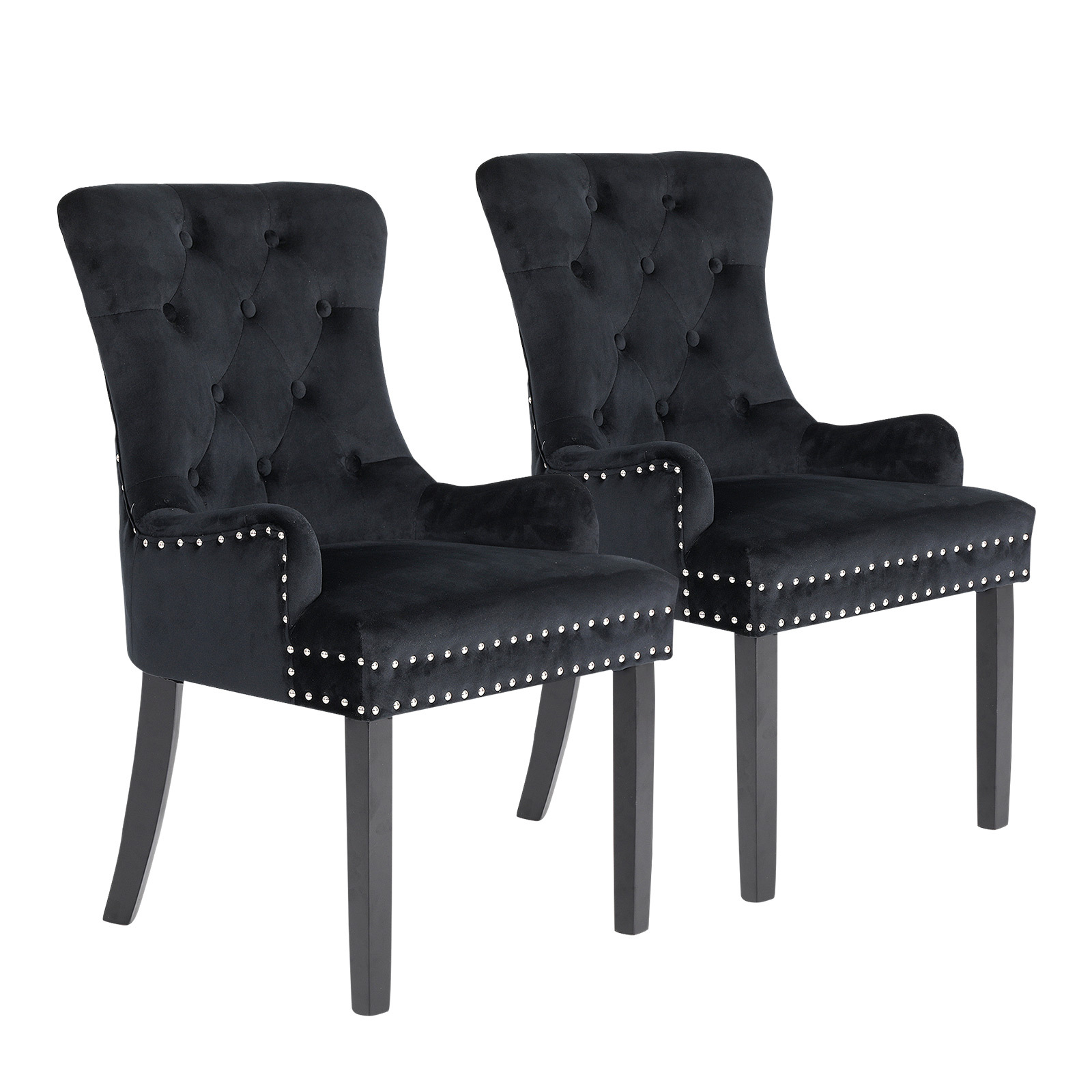 V274-FT-VFC-1141-BK2-FT-VFC-1141-BK2-00 2X French Provincial Dining Chair Ring Studded Velvet Rubberwood Leg LISSE BLACK - Image 1