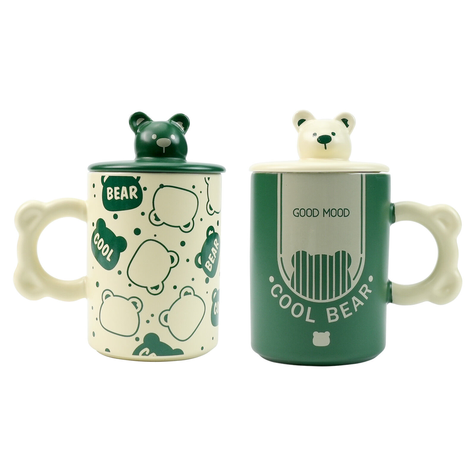 V274-HA-LA-P0024828-BEAR-222390-00 2X High-Fired Ceramic Porcelain Mug Set with Lid 400ml Bear w Tea Spoon GREEN - Image 1
