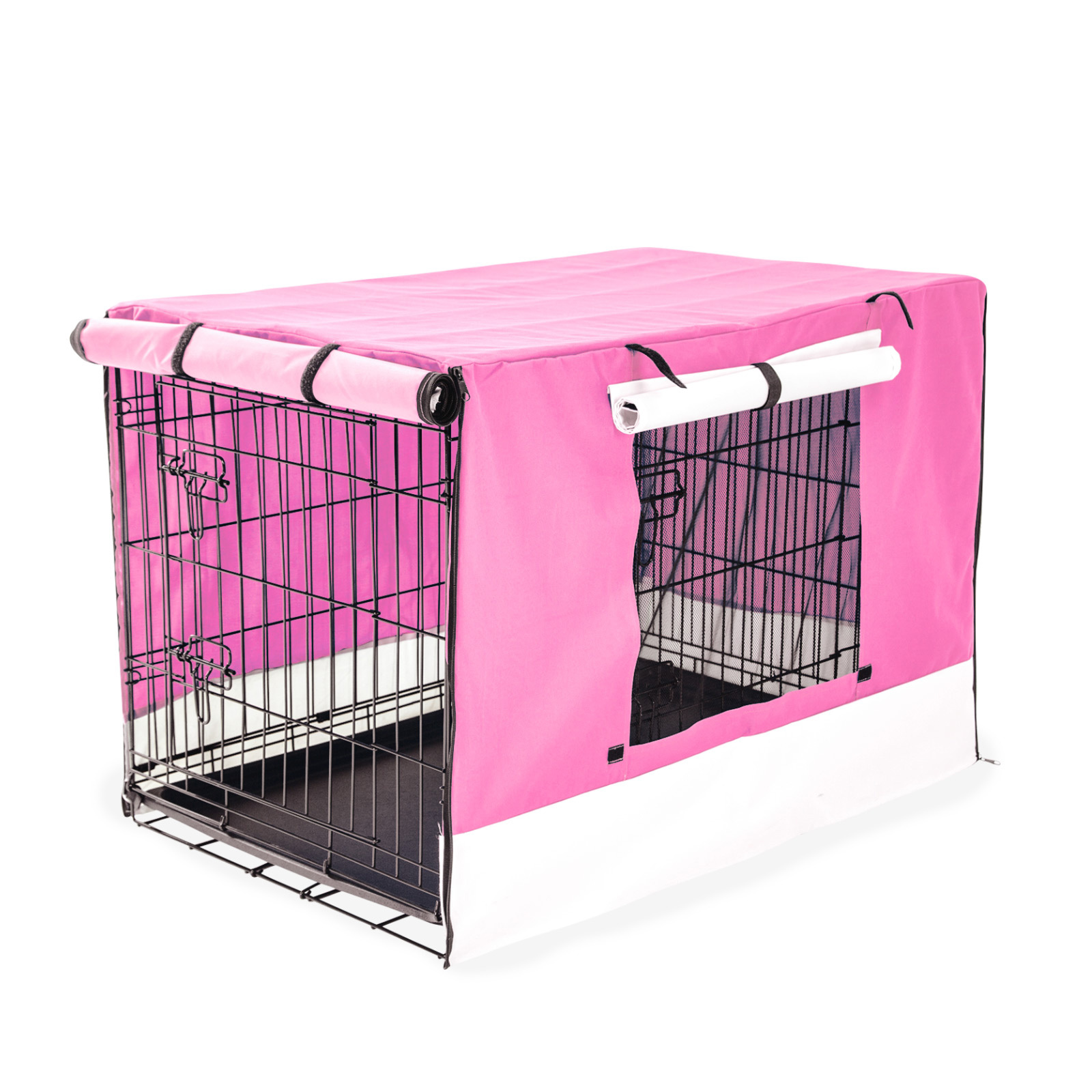 V274-PET-WCCV42-PK-PET-WCCV42-PK-00 Wire Dog Cage Foldable Crate Kennel 42in with Tray + PINK Cover Combo - Image 1