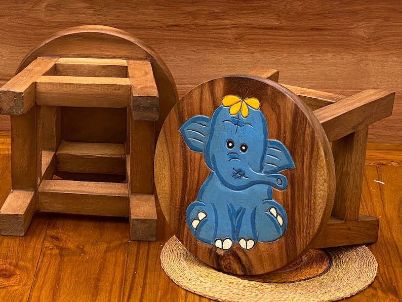 V277-TGBLUEBABYELEPHANTSTOOL-72109-00 Children's Wooden Stool Blue Baby ELEPHANT Themed Chair Toddlers Step sitting Stool - Image 1