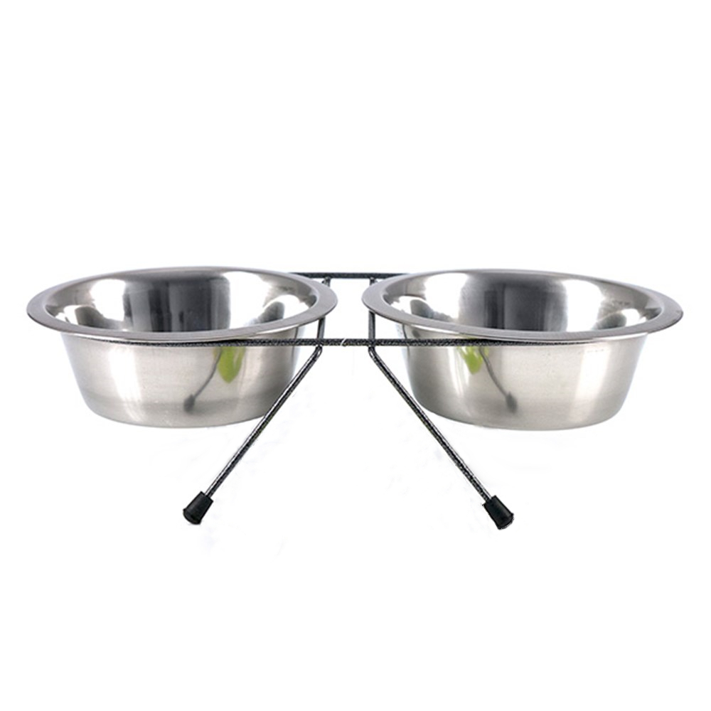 V278-2-X-59609-DOUBLE-BOWL-M-65330-00 YES4PETS 2 x Sets Medium Portable Dog Cat Steel Pet Bowl Water Bowls Feeder - Image 1