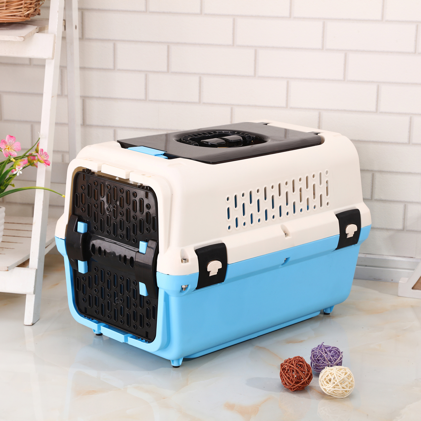 V278-BP271-M-CAGE-BLUE-67847-00 YES4PETS Medium Dog Cat Crate Pet Rabbit Carrier Travel Cage With Tray & Window Blue - Image 1