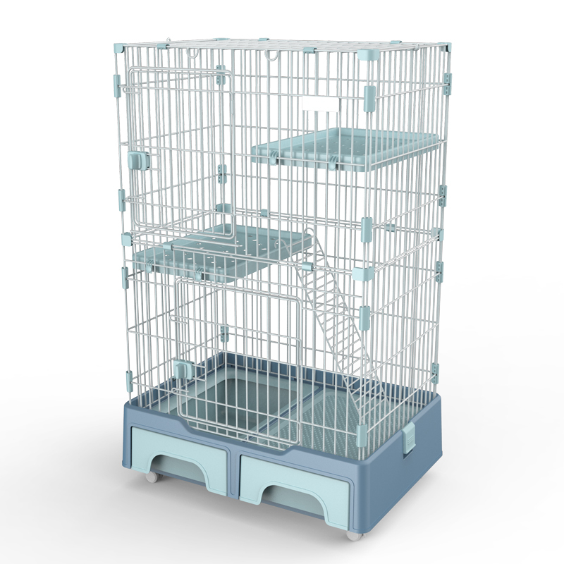V278-MC-2-2-BLUE-66332-00 YES4PETS 134 cm Blue Pet 3 Level Cat Cage House With Litter Tray And Storage Box - Image 1