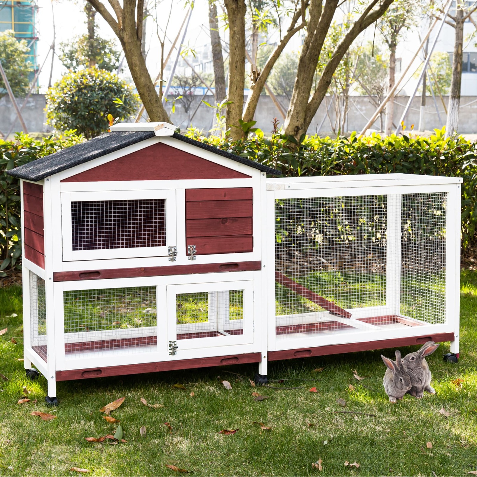 V278-RH368-NEW-67218-00 YES4PETS Double Storey Large Rabbit Hutch Guinea Pig Cage , Ferret Cage With Pull Out Tray On Wheels - Image 1