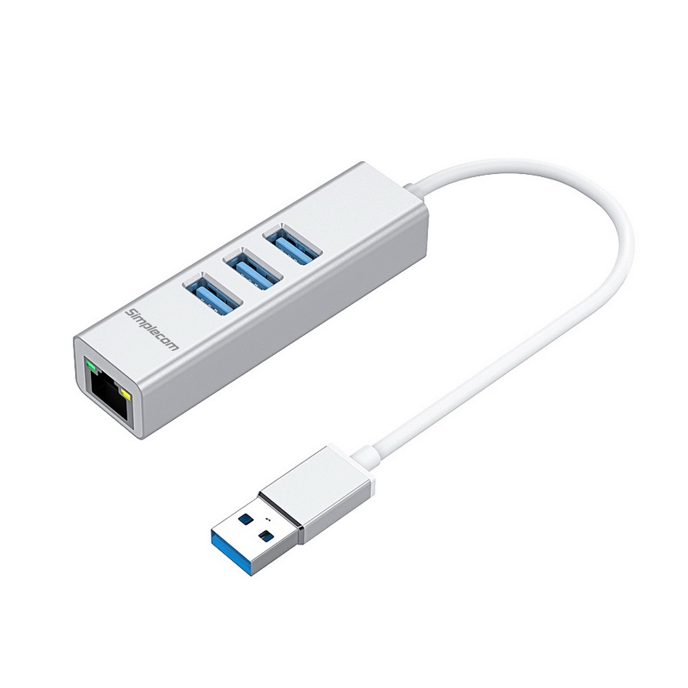 V28-CHN420-SL-01_5 Simplecom CHN420 Aluminium 3 Port SuperSpeed USB HUB with Gigabit Ethernet Adapter Silver - Image 1