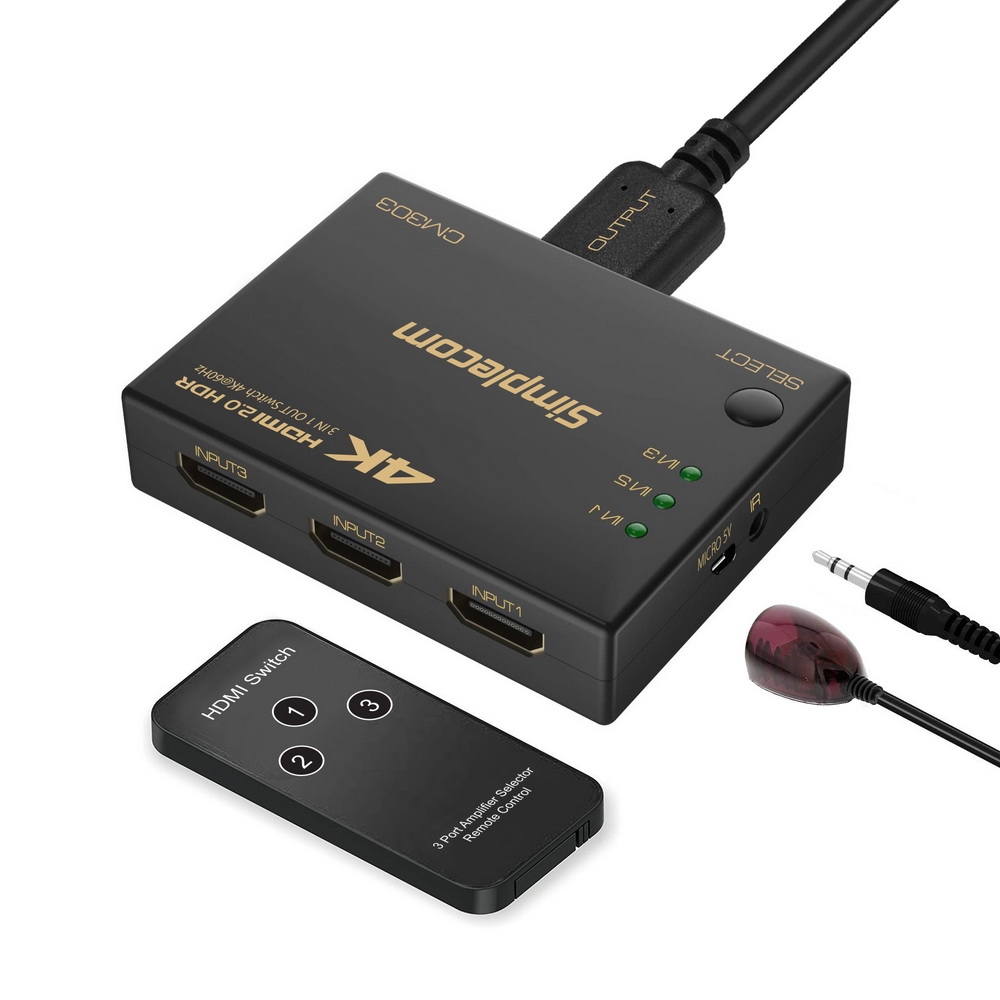 V28-CM303-01_24 Simplecom CM303 Ultra HD 3 Way HDMI Switch 3 IN 1 OUT Splitter 4K@60Hz - Image 1