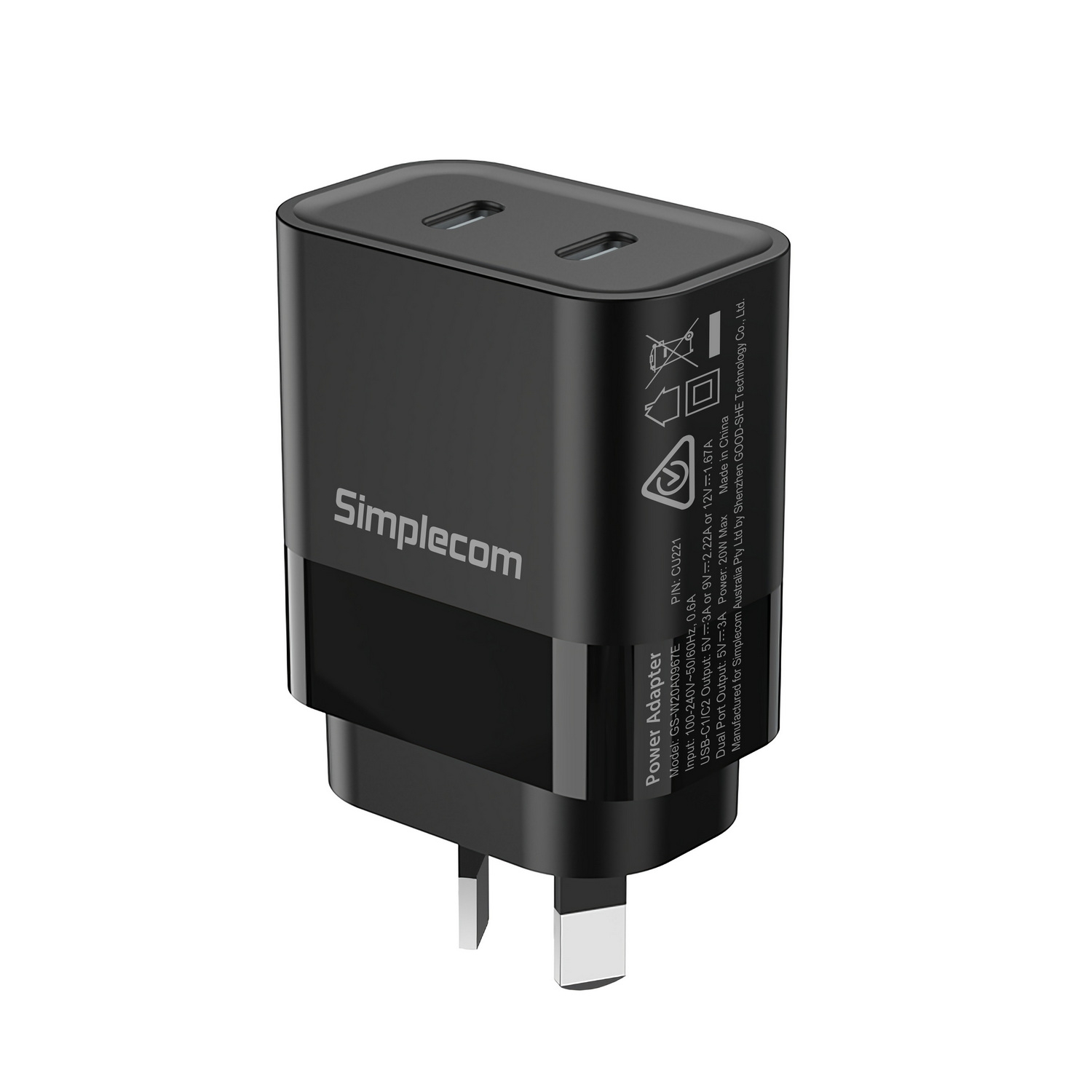 V28-CU221-89026-00 Simplecom CU221 Dual USB-C Fast Wall Charger PD 20W for Phone Tablet - Image 1