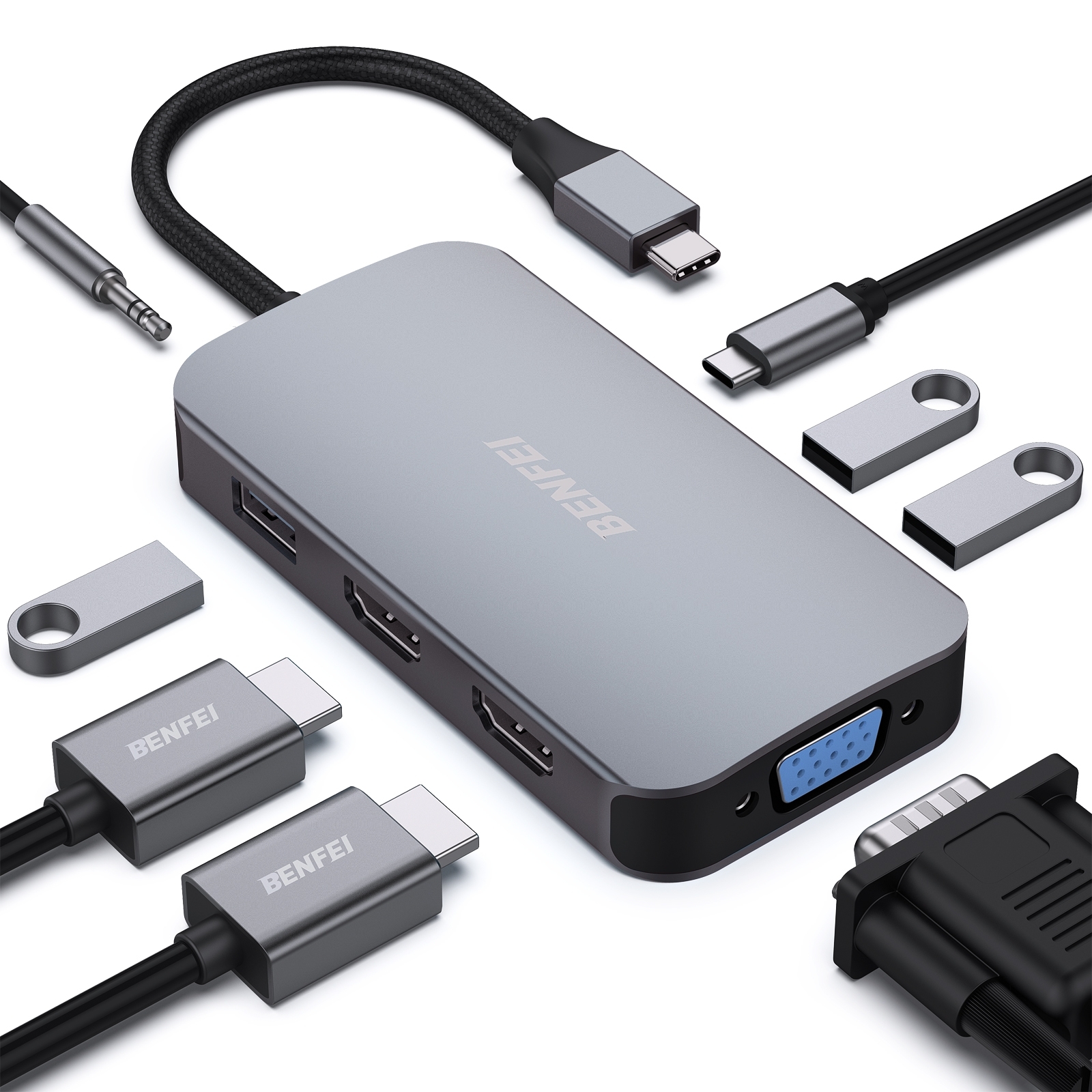 V28-ELEBEN335GY-202504171846-00 BENFEI 335GY USB-C Hub with Triple Display, 8-in-1 Docking Station (100W PD, Dual 4K HDMI, VGA, 3x USB 3.0) - Image 1