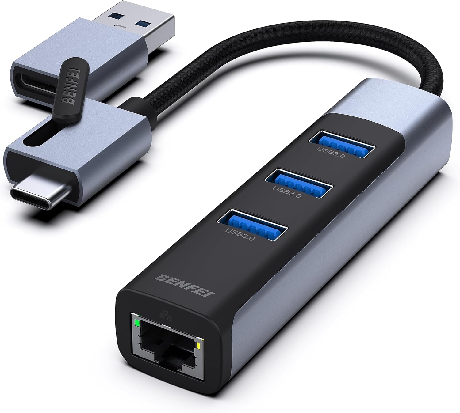 V28-ELEBEN350GY-202504171846-00 BENFEI 350GY 2-in-1 USB-C+USB 3.0 to RJ45 Gigabit Ethernet Port + 3-Port USB 3.0 HUB - Image 1