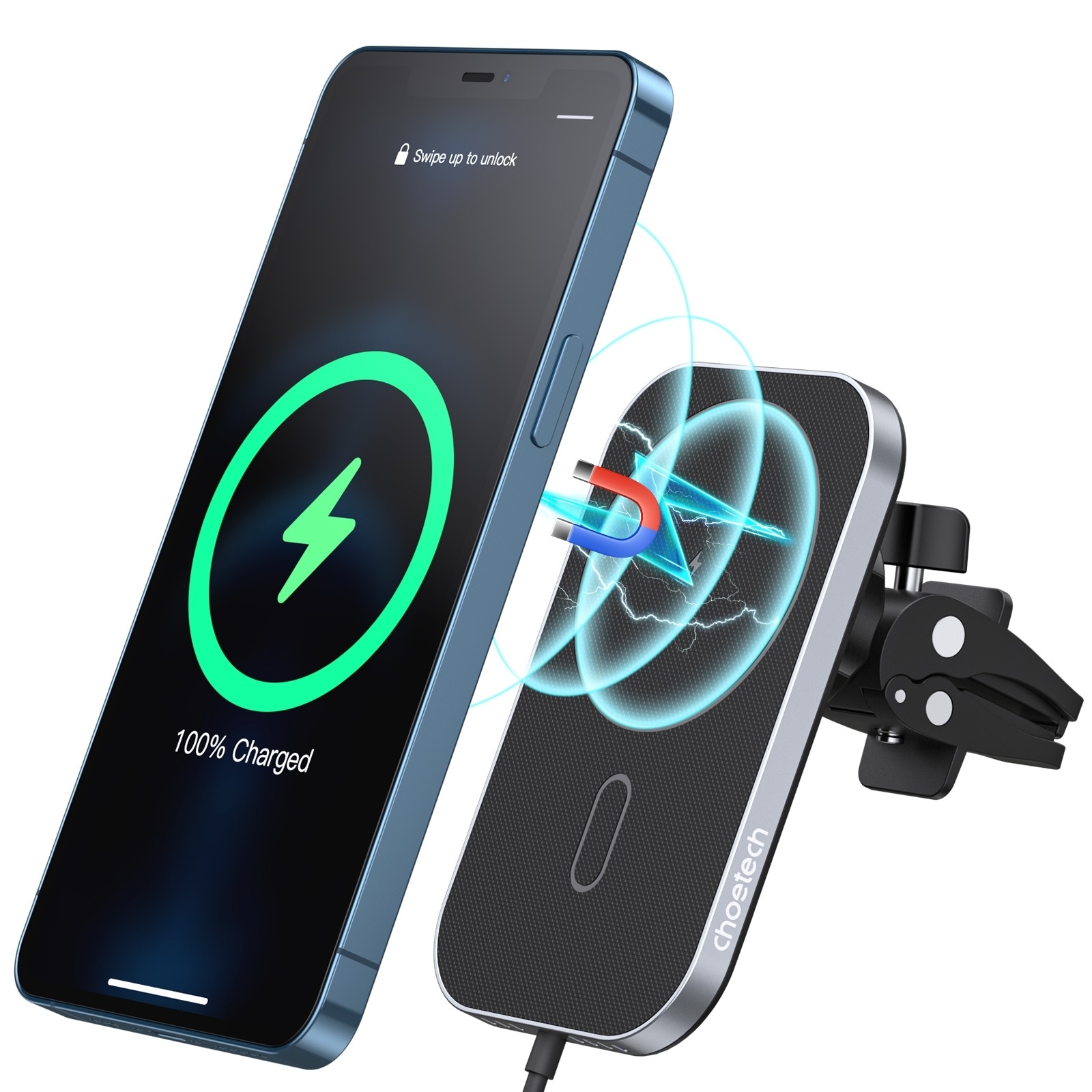 V28-ELECHOT200F301_elechot200f-1_2_1 CHOETECH T200F-301 15W MagLeap Magnetic Wireless Car Charger Holder with 1.5M Cable - Image 1